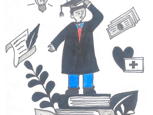 A distressed student wearing a graduation cap stands atop a pile of massive books. Around them, iconography representing finance, health, scholarship and interests float in the air.